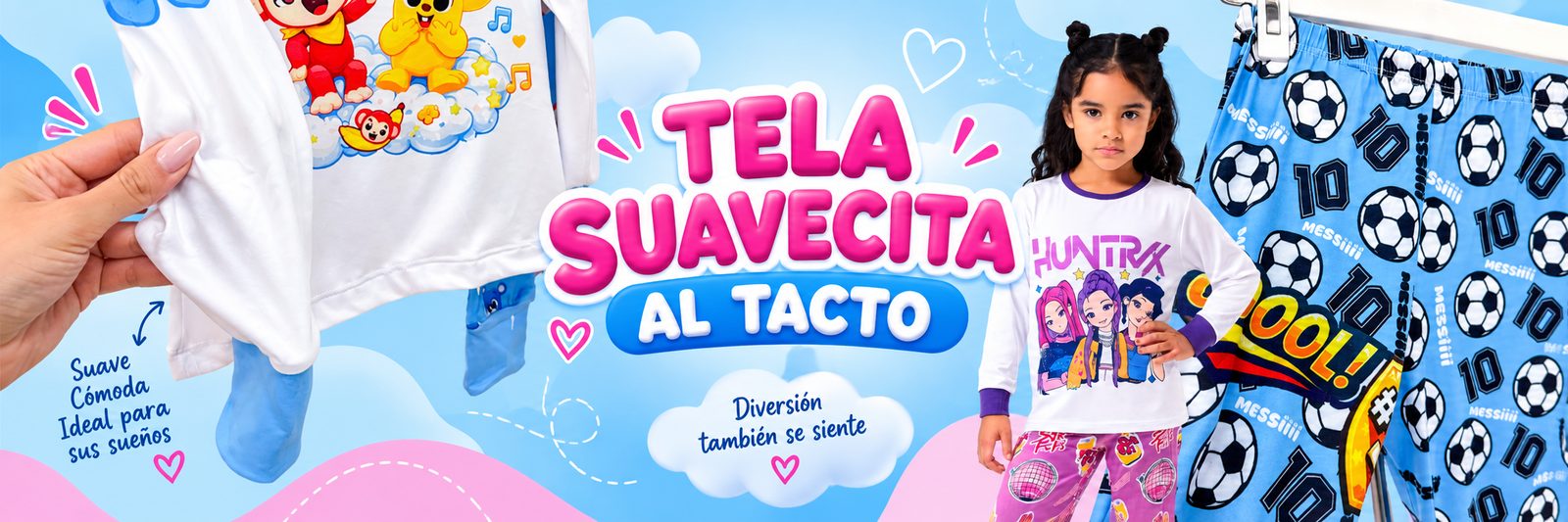 Tela suavecita al tacto. Mano tocando la tela de una pijama y niña con pijama HUNTRIX