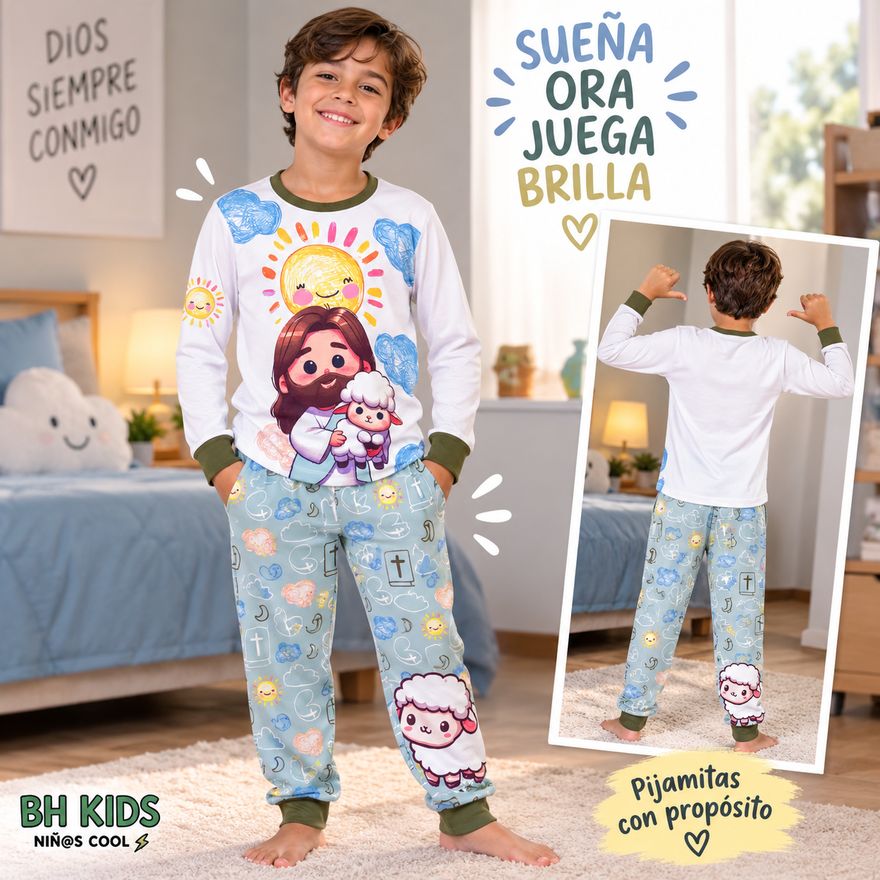 Niño con la pijama DIOS ME AMA, pantalón azul con ovejitas
