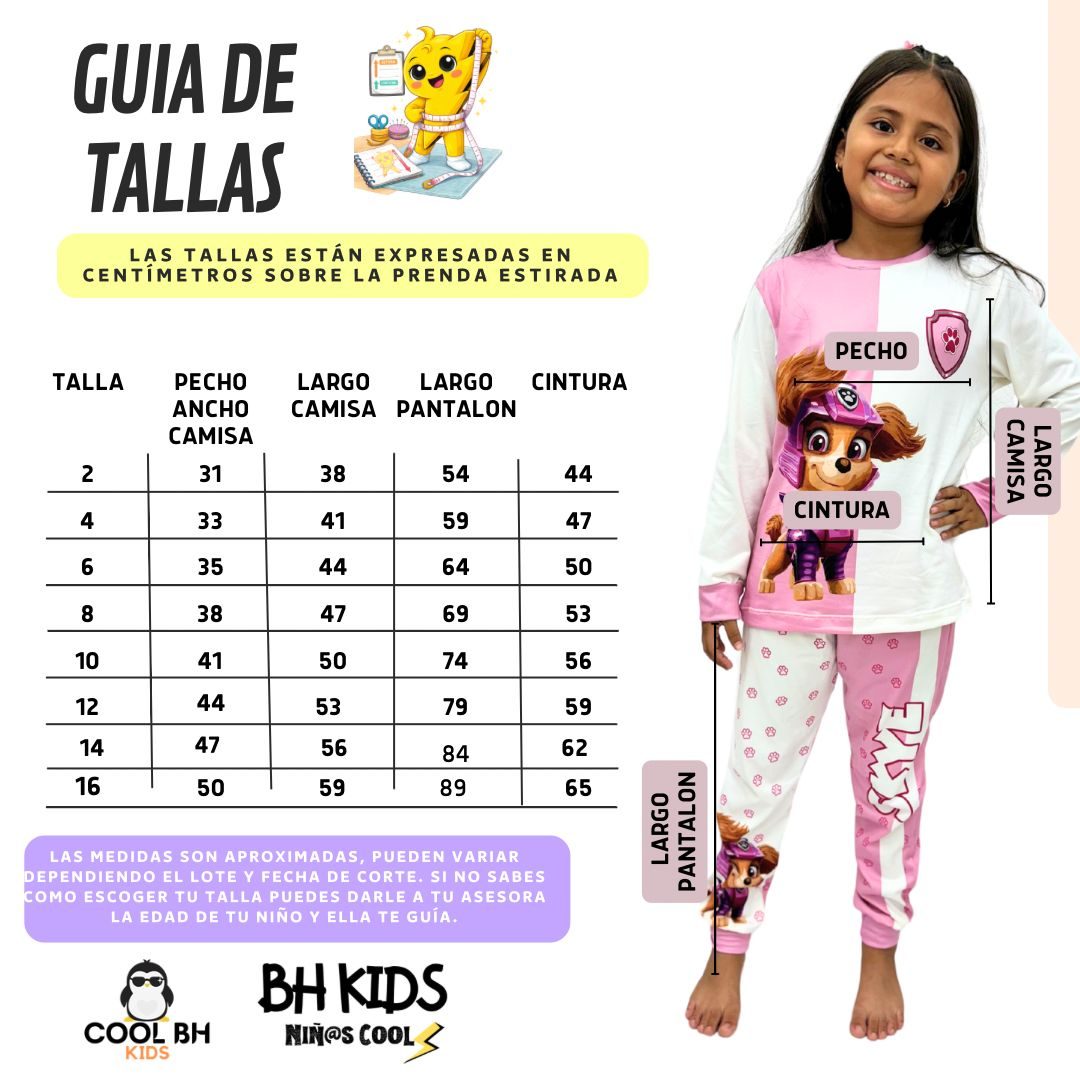 Guía de tallas BH Kids: medidas en centímetros de pecho, largo de camisa, largo de pantalón y cintura, de la talla 2 a la 16