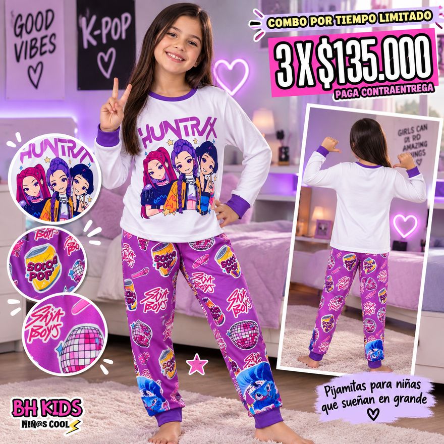 Niña con la pijama HUNTRIX, pantalón morado