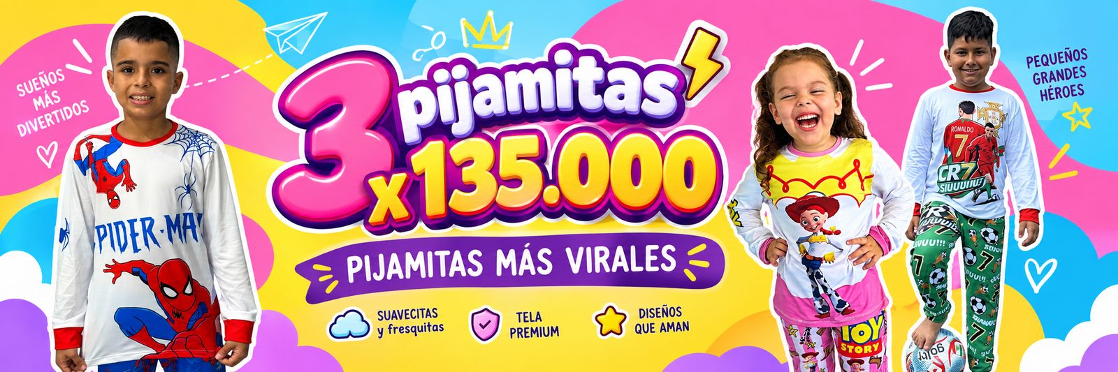 3 pijamitas por $135.000, las pijamitas más virales. Niños con pijamas de Spiderman, vaquerita y CR7