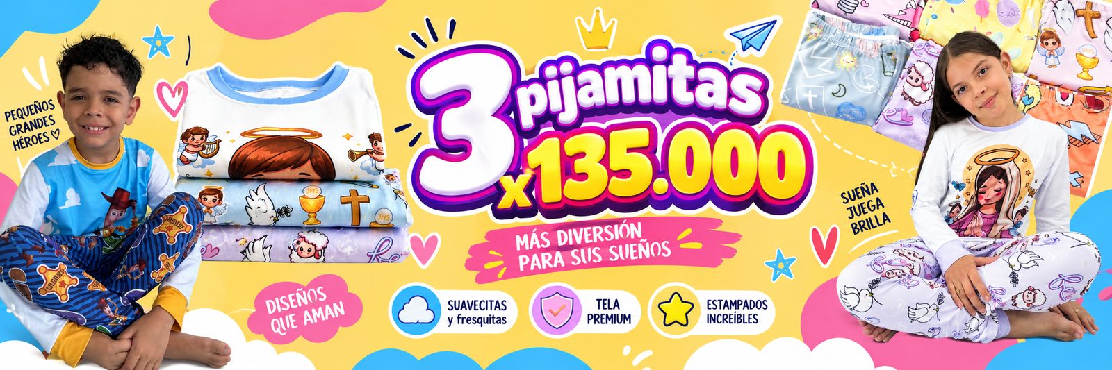 3 pijamitas por $135.000, más diversión para sus sueños. Pack de 3 pijamas dobladas y niños con pijamas